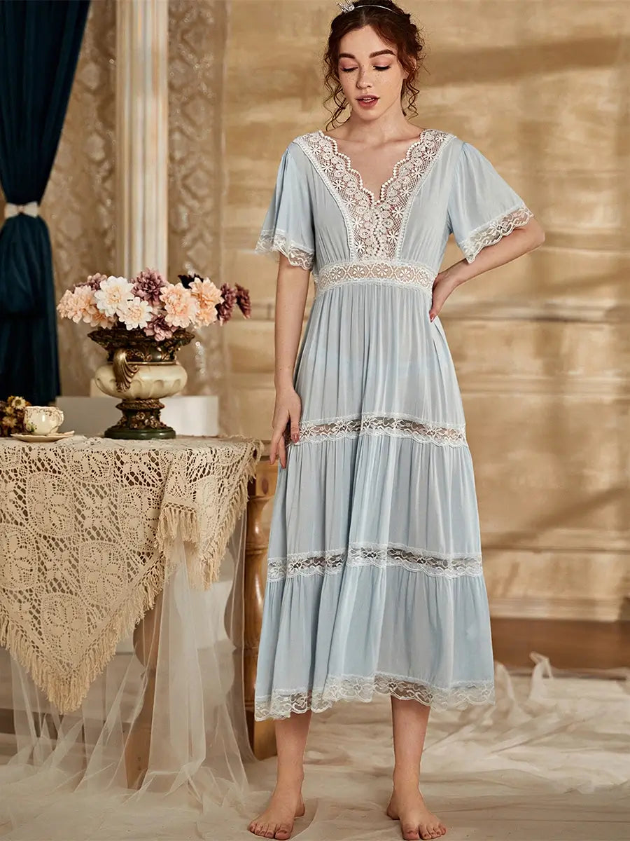 Light Blue Vintage V-neck Lace Cutouts Embroidered Splicing Noble Nightwear Nightdress