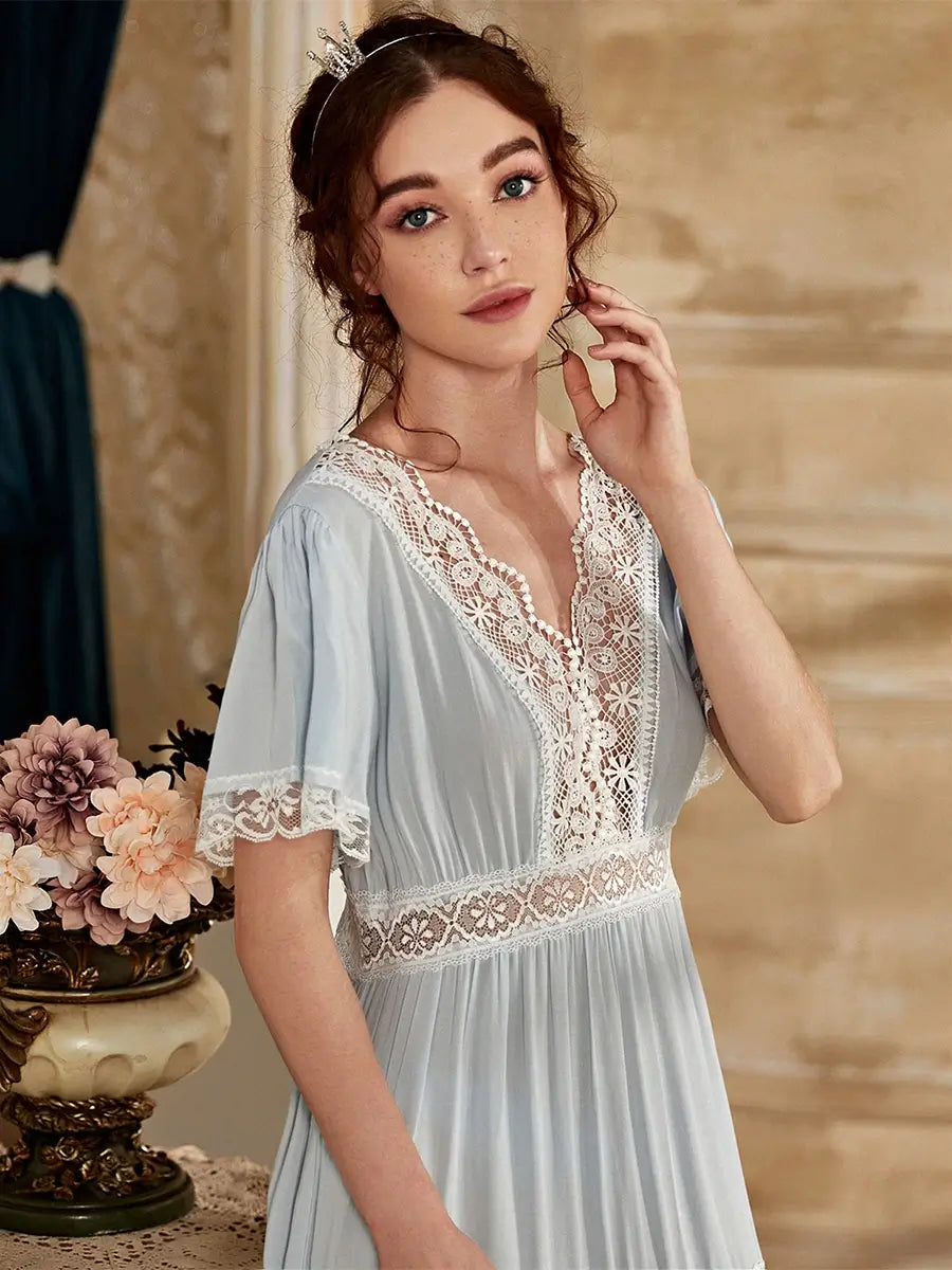 Light Blue Vintage V-neck Lace Cutouts Embroidered Splicing Noble Nightwear Nightdress