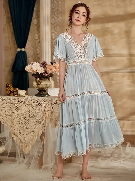 Light Blue Vintage V-neck Lace Cutouts Embroidered Splicing Noble Nightwear Nightdress
