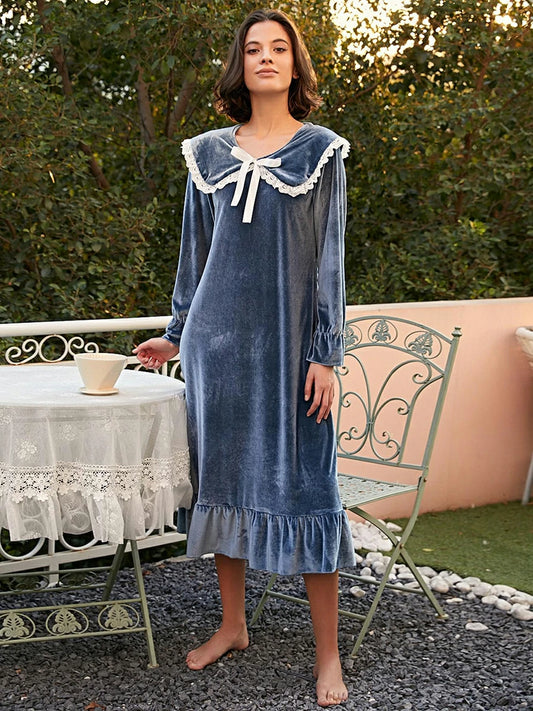 Slessic Vintage Romantic Winter Palace Style Embroidered Bow Smooth Velvet Long Nightwear Sleepwear Nightgown