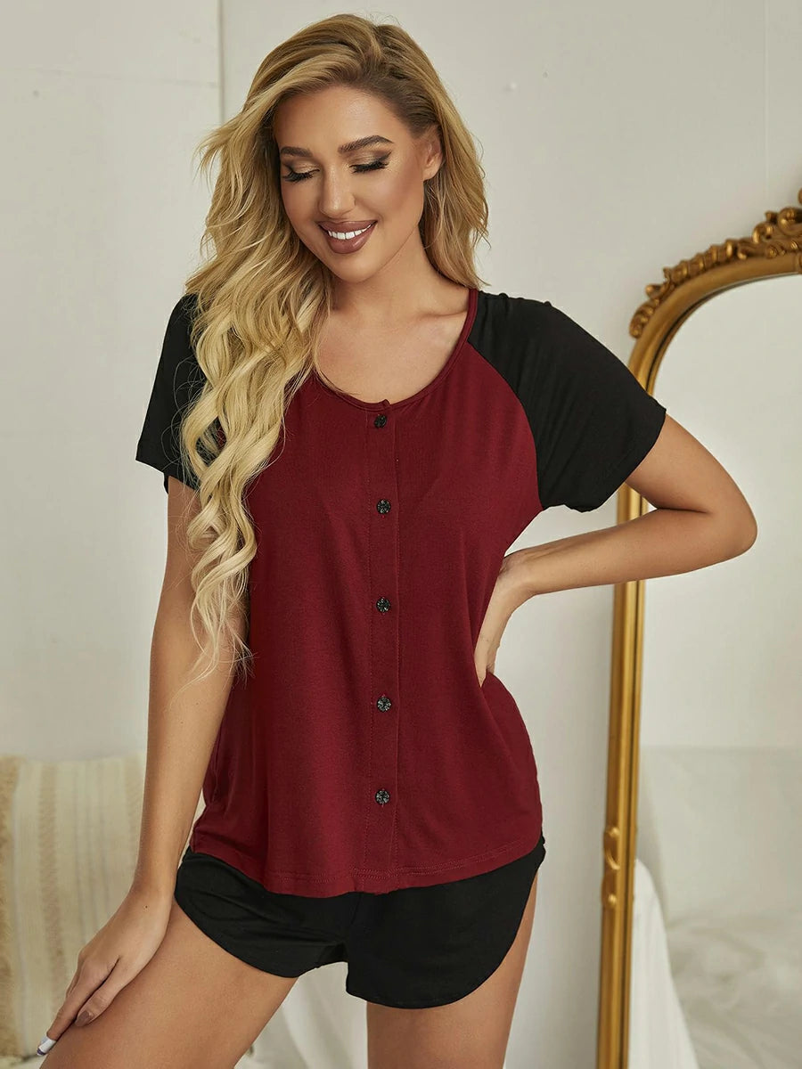 Slessic Classic Elegant Modal Button Cardigan Color Splicing Summer Short-Sleeved Loungewear Nightwear Pajama Set