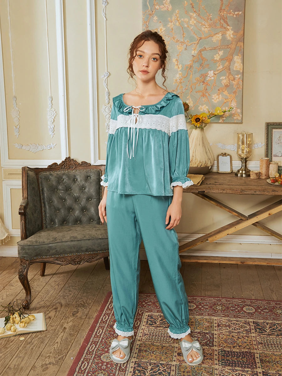 Cadet Blue Palace Vintage Splicing Lace Crinkle Edge Elegant Loungewear Nightwear Pajama set