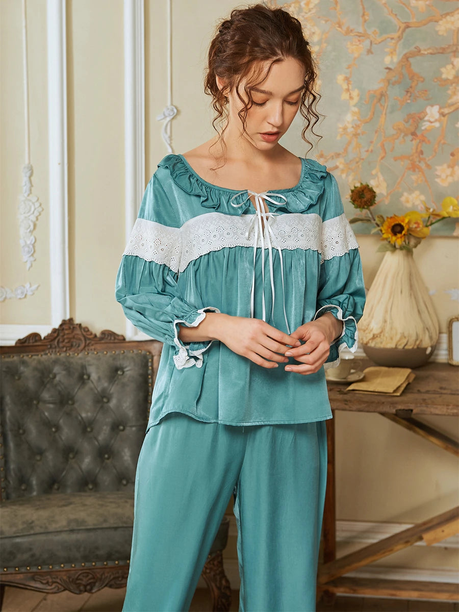 Cadet Blue Palace Vintage Splicing Lace Crinkle Edge Elegant Loungewear Nightwear Pajama set