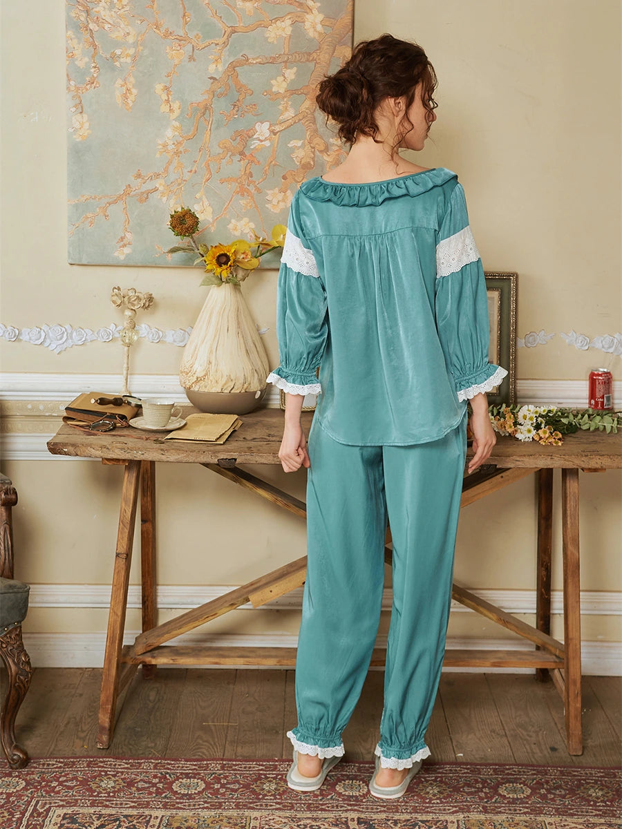 Cadet Blue Palace Vintage Splicing Lace Crinkle Edge Elegant Loungewear Nightwear Pajama set