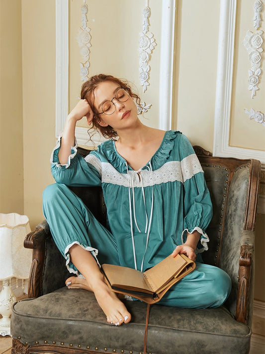 Cadet Blue Palace Vintage Splicing Lace Crinkle Edge Elegant Loungewear Nightwear Pajama set