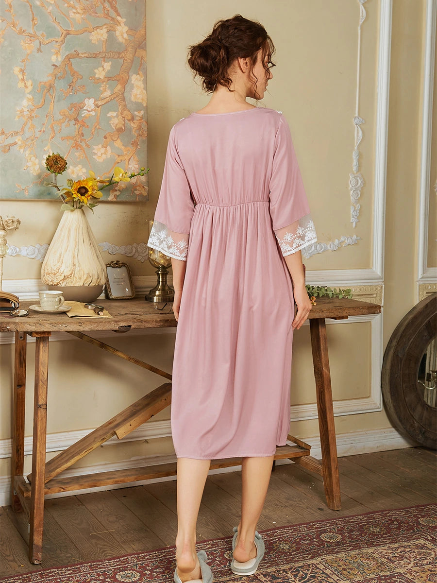 Pink Palace Vintage Style V-neck Lace Chest Lace-up Noble Nightwear Nightdress