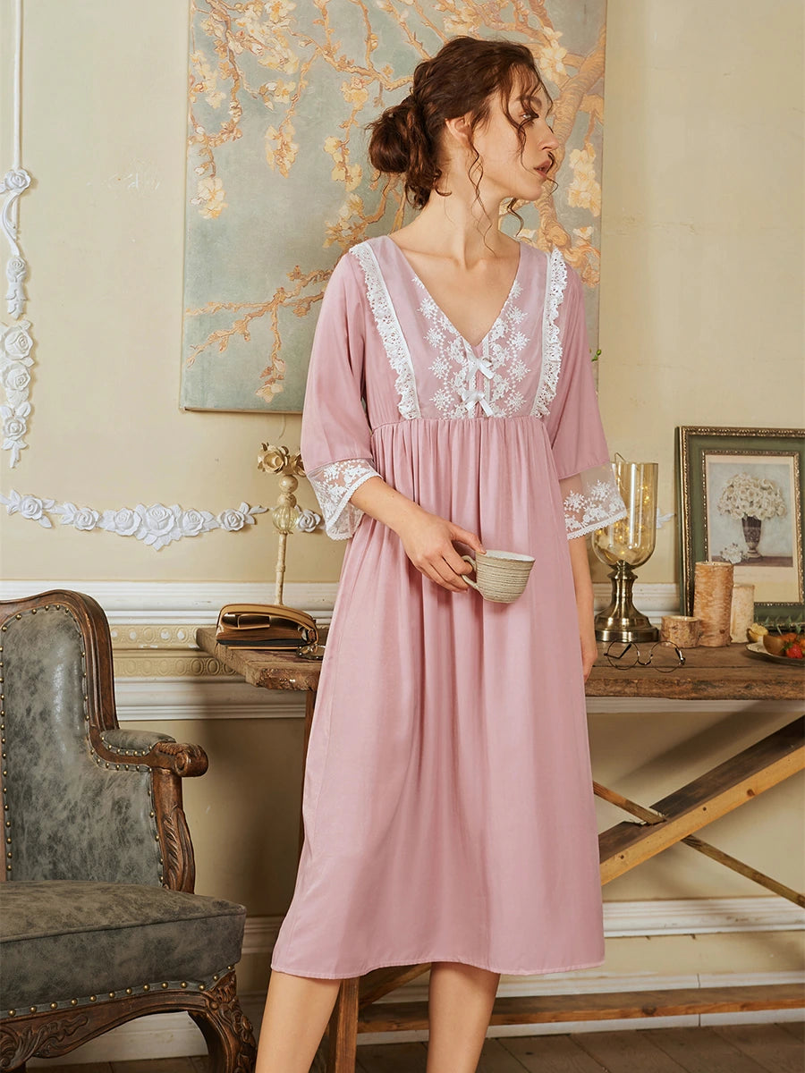 Pink Palace Vintage Style V-neck Lace Chest Lace-up Noble Nightwear Nightdress