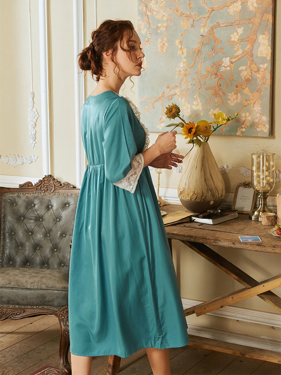 Cadet Blue Palace Vintage Style V-neck Lace Chest Lace-up Noble Nightwear Nightdress