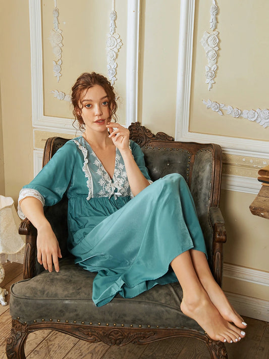 Cadet Blue Palace Vintage Style V-neck Lace Chest Lace-up Noble Nightwear Nightdress