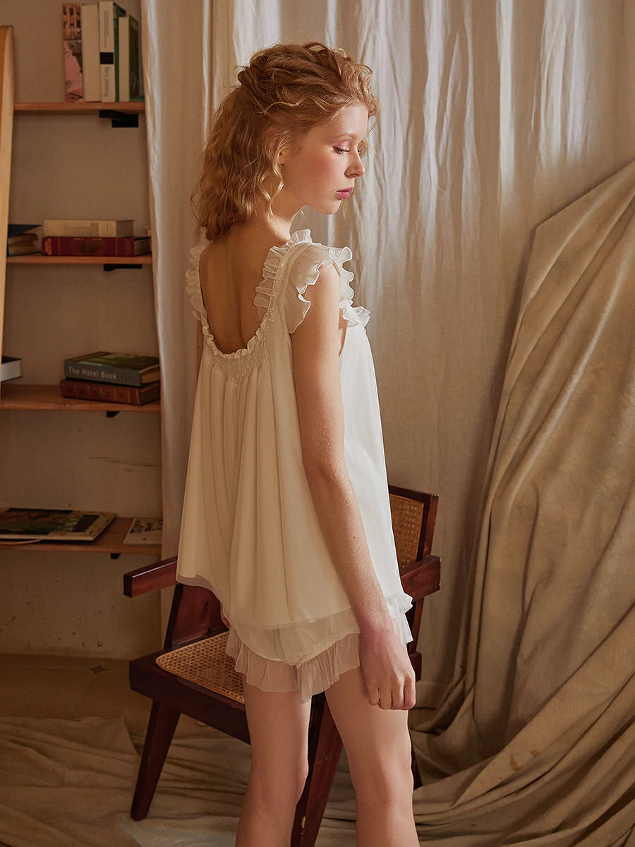 Slessic Vintage Cute Palace Style Lace See-Through Mesh Ruffled Edge Bow Ribbon Camisole Pajamas Set Loungewear Nightwear