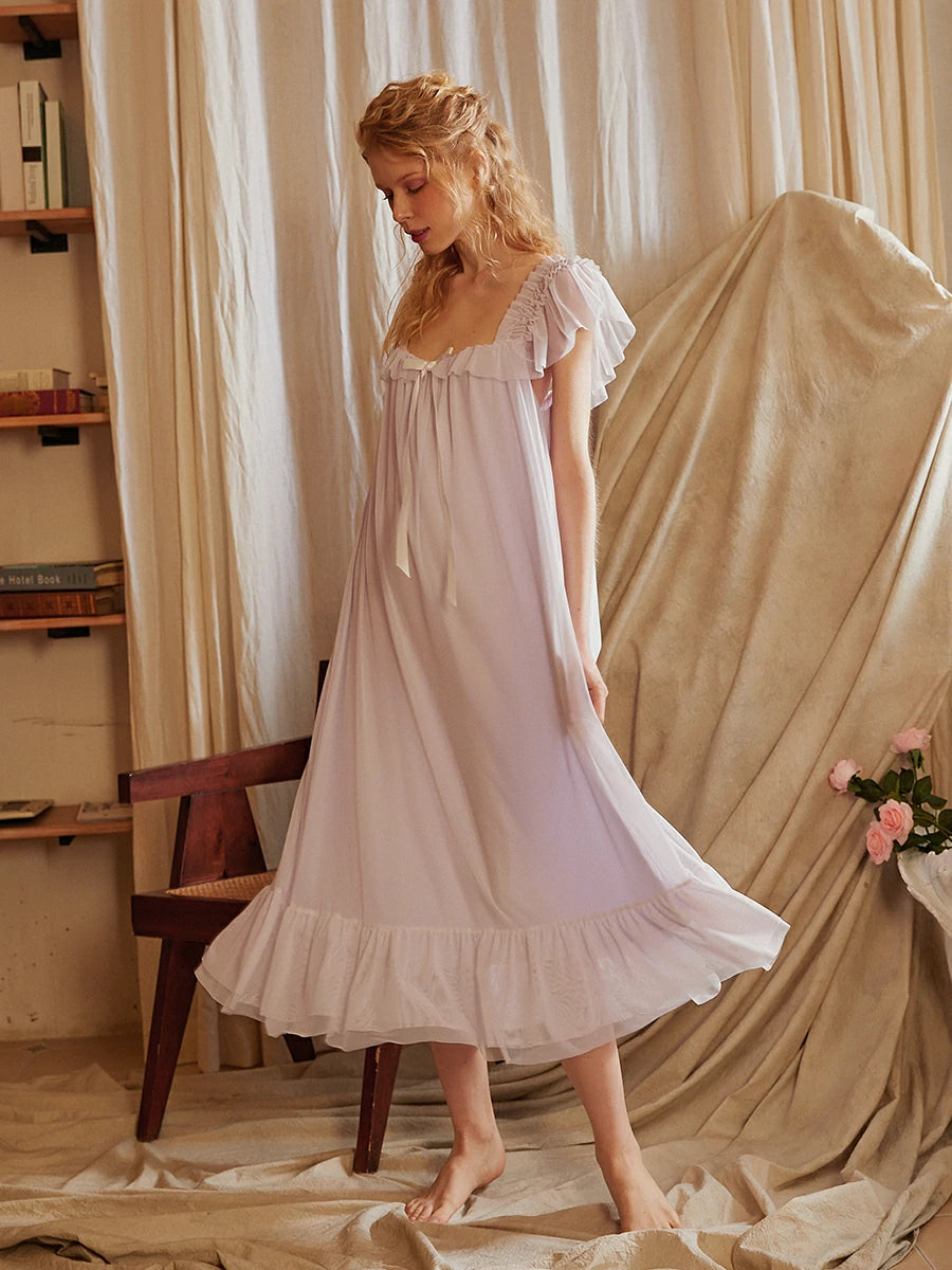 Slessic Vintage Romantic Palace Style Exquisite Mesh Ruffled Edge Cute Ribbon Bow Slip Nightdress Sleepwear Nightwear