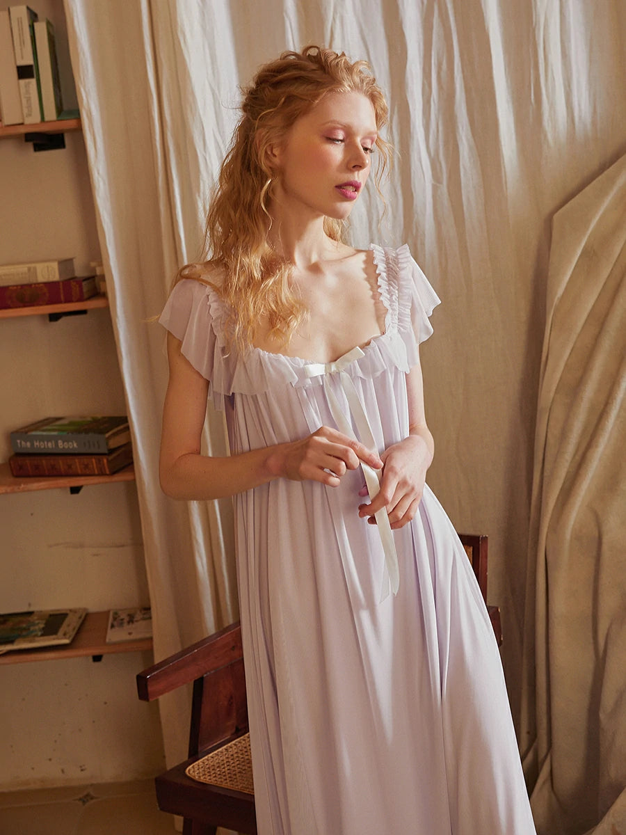 Slessic Vintage Romantic Palace Style Exquisite Mesh Ruffled Edge Cute Ribbon Bow Slip Nightdress Sleepwear Nightwear