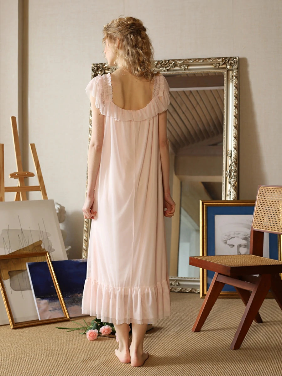 Slessic Vintage Romantic Palace Style Exquisite Mesh Ruffled Edge Cute Ribbon Bow Slip Nightdress Sleepwear Nightwear
