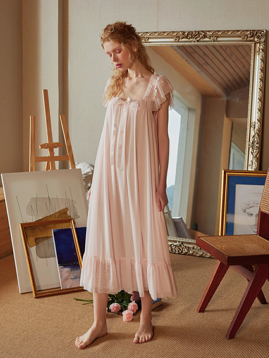 Slessic Vintage Romantic Palace Style Exquisite Mesh Ruffled Edge Cute Ribbon Bow Slip Nightdress Sleepwear Nightwear