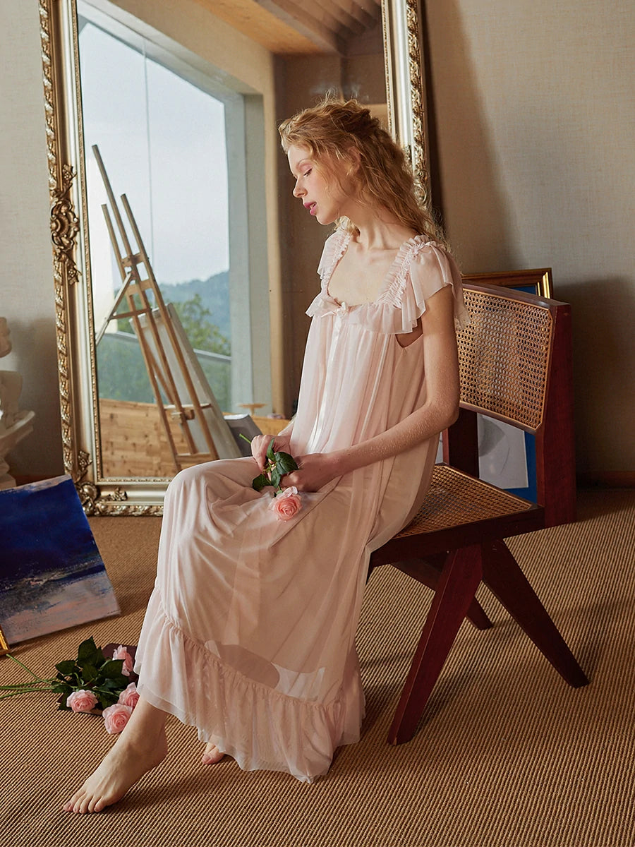 Slessic Vintage Romantic Palace Style Exquisite Mesh Ruffled Edge Cute Ribbon Bow Slip Nightdress Sleepwear Nightwear