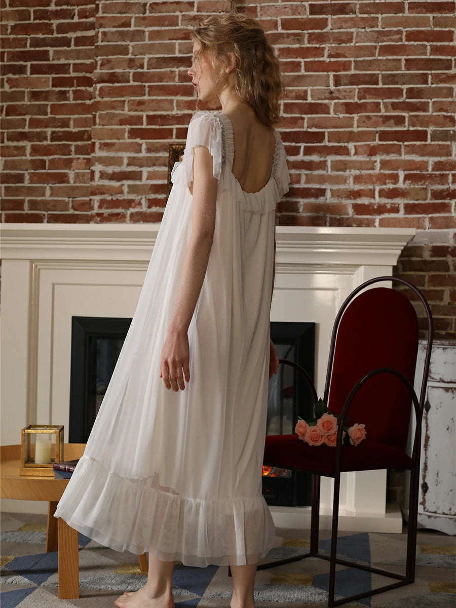 Slessic Vintage Romantic Palace Style Exquisite Mesh Ruffled Edge Cute Ribbon Bow Slip Nightdress Sleepwear Nightwear