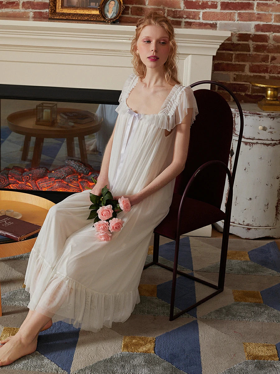 Slessic Vintage Romantic Palace Style Exquisite Mesh Ruffled Edge Cute Ribbon Bow Slip Nightdress Sleepwear Nightwear