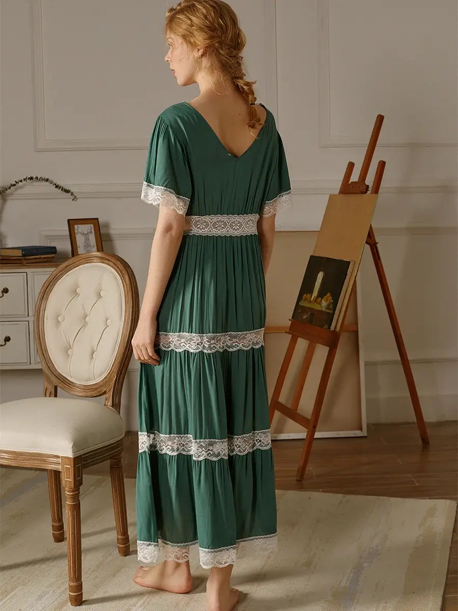 Sea Green Vintage V-neck Lace Cutouts Embroidered Splicing Noble Nightwear Nightdress