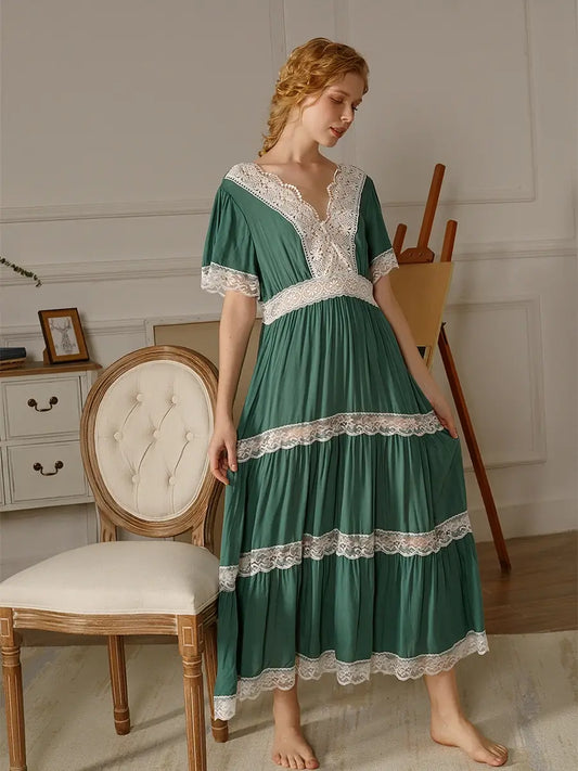 Sea Green Vintage V-neck Lace Cutouts Embroidered Splicing Noble Nightwear Nightdress