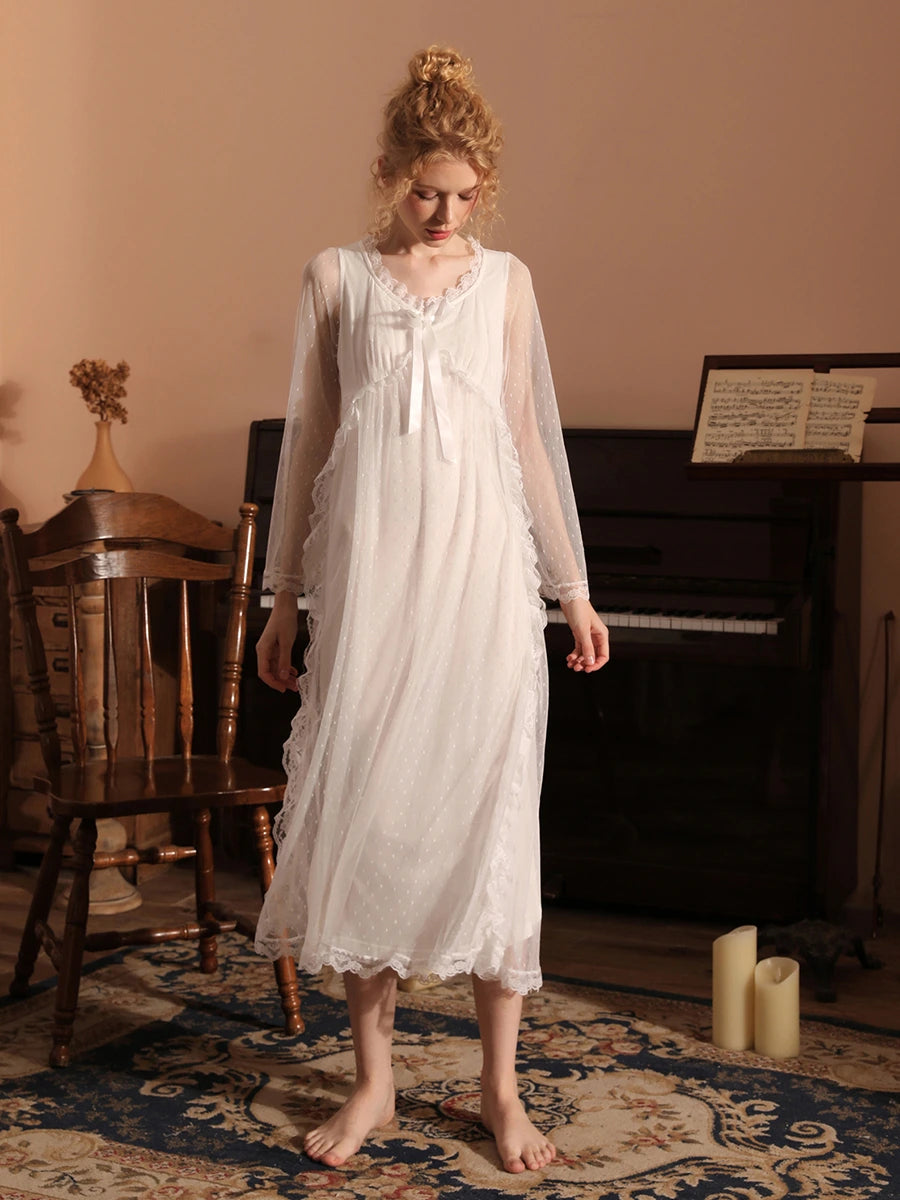 White Vintage Romantic See-Through Long-Sleeved Big Bow Polka-Dot Lace Mesh Nightwear Nightdress