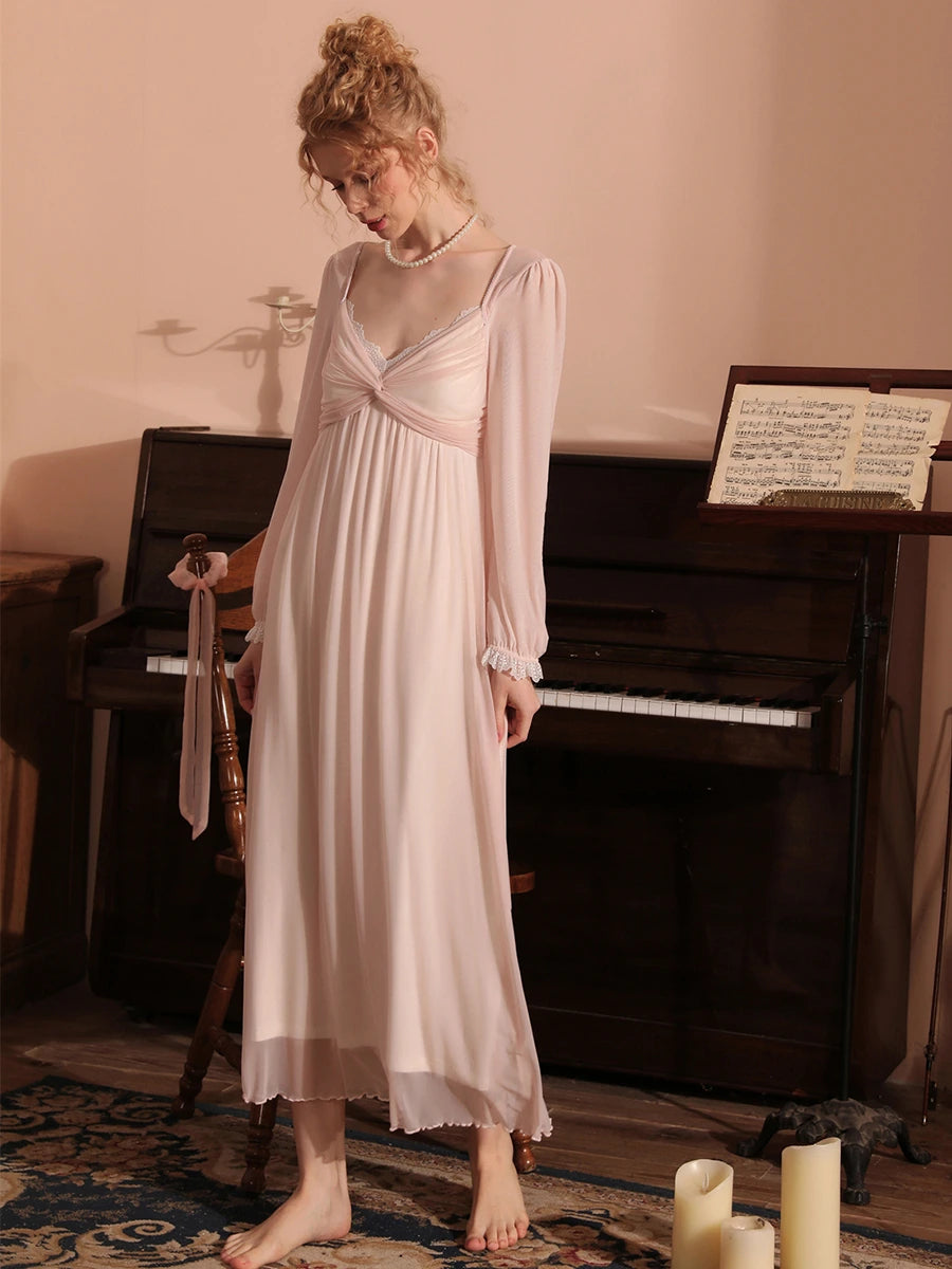Pink Vintage Romantic Double Layer See-Through Mesh Long-sleeve Lace V-Neck Nightwear Nightdress