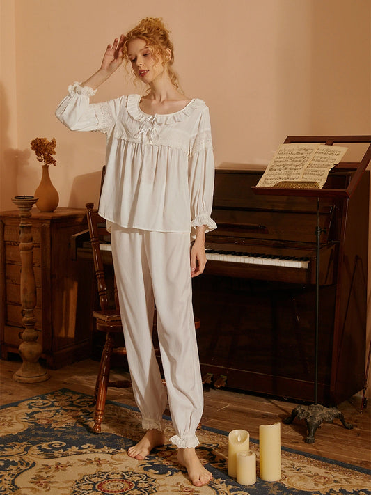 White Vintage Embroidered Lace Romantic Weaving Three-quarter Sleeve Loungewear Nightwear Pajama set