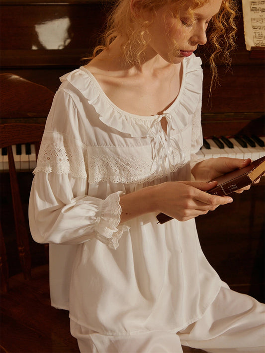 White Vintage Embroidered Lace Romantic Weaving Three-quarter Sleeve Loungewear Nightwear Pajama set