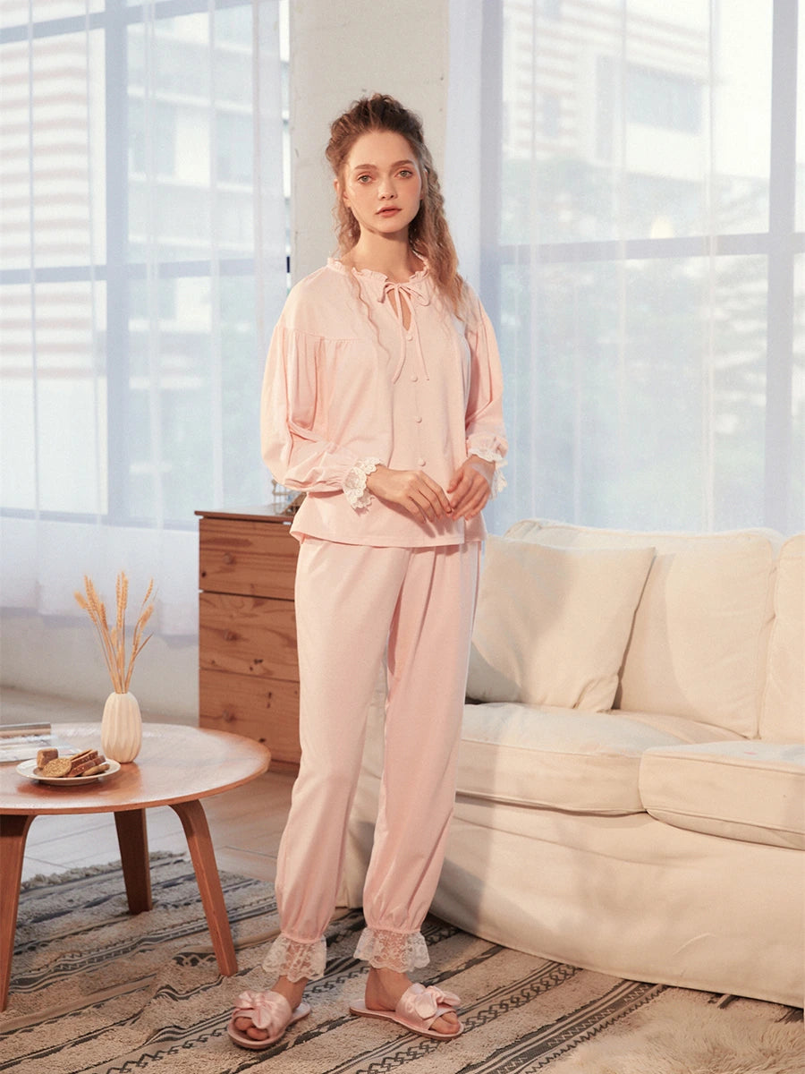 Pink Vintage Style Romantic Cutout Lace Cotton Elegant Loungewear Nightwear pajama set