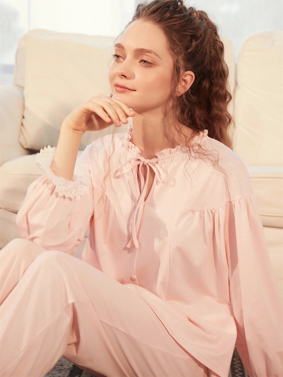 Pink Vintage Style Romantic Cutout Lace Cotton Elegant Loungewear Nightwear pajama set