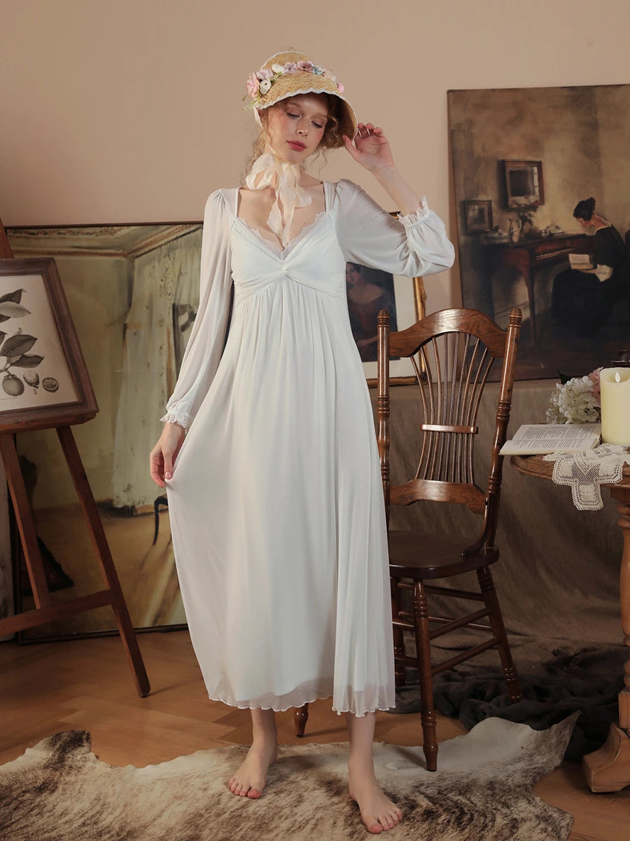 Light Blue Vintage Romantic Double Layer See-Through Mesh Long-sleeve Lace V-Neck Nightwear Nightdress