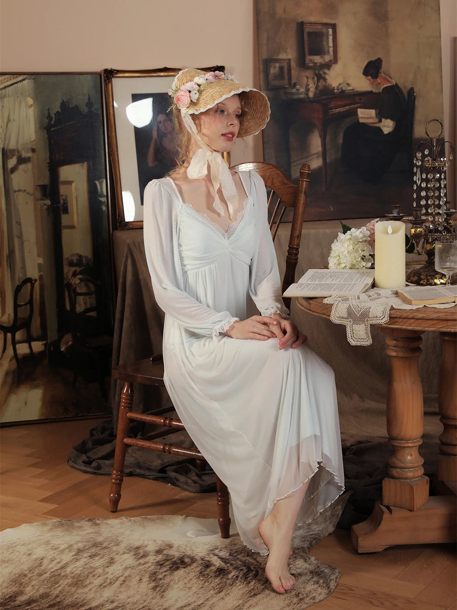 Light Blue Vintage Romantic Double Layer See-Through Mesh Long-sleeve Lace V-Neck Nightwear Nightdress