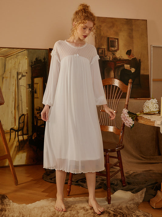 Slessic Palace Style Vintage Romantic Lantern Sleeves Loose Modal Mesh Lace Double Layer See-Through Nightwear Nightdress