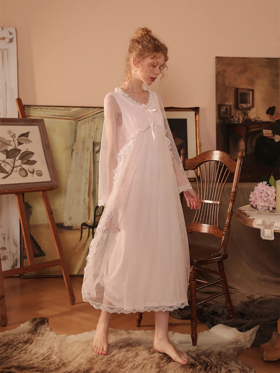 Pink Vintage Romantic See-Through Long-Sleeved Big Bow Polka-Dot Lace Mesh Nightwear Nightdress