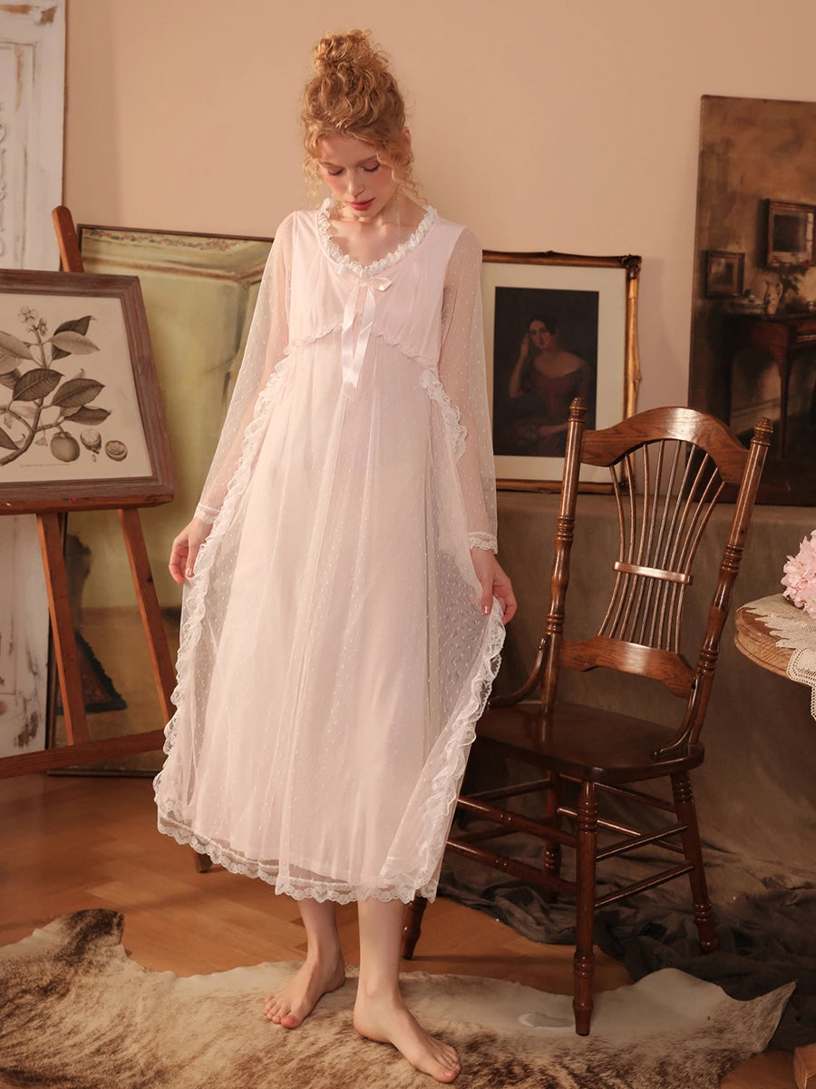 Pink Vintage Romantic See-Through Long-Sleeved Big Bow Polka-Dot Lace Mesh Nightwear Nightdress