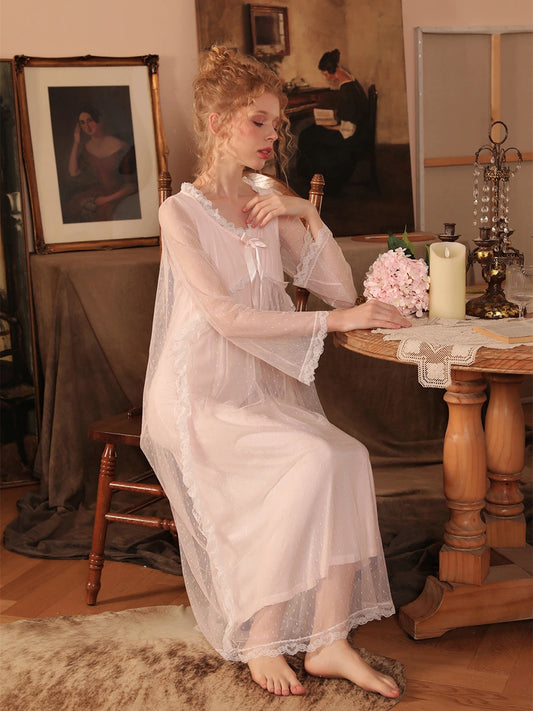 Pink Vintage Romantic See-Through Long-Sleeved Big Bow Polka-Dot Lace Mesh Nightwear Nightdress