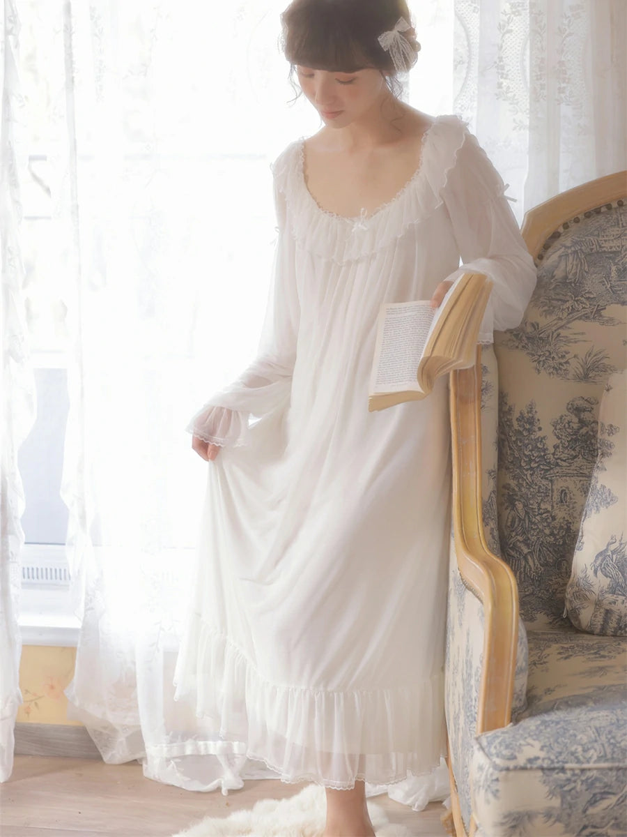 Slessic Vintage Romantic Autumn And Winter Palace Style Modal Mesh Ruffled Edge Bow Embroidered Long-Sleeved Nightwear Sleepwear Nightgown