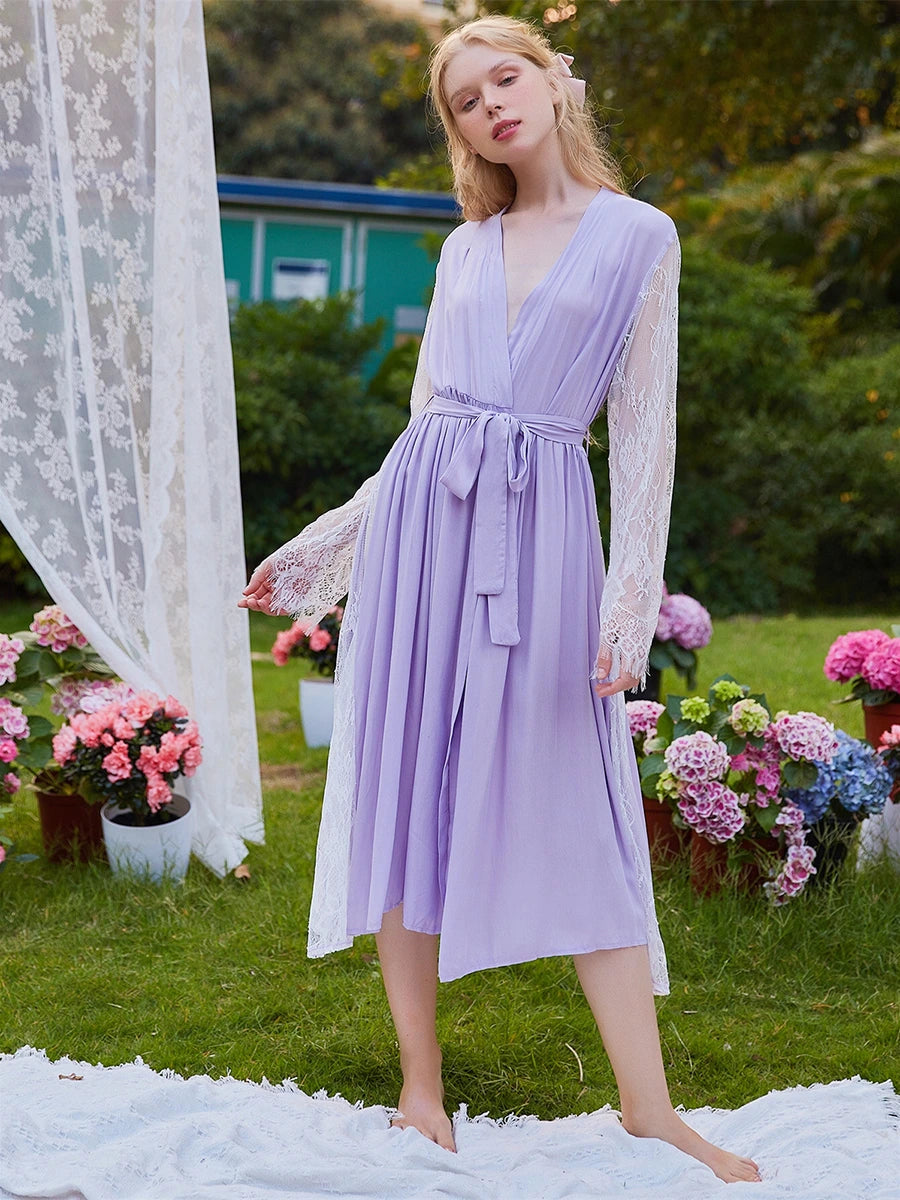 Light Purple Vintage Palace Style Sexy V-neck See-through Lace Mesh Embroidered Nightwear Robe