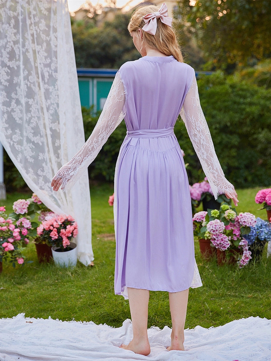 Light Purple Vintage Palace Style Sexy V-neck See-through Lace Mesh Embroidered Nightwear Robe