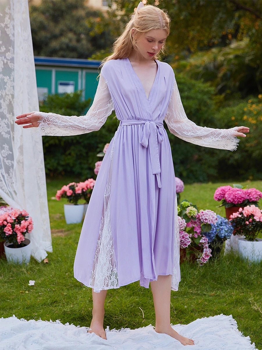Light Purple Vintage Palace Style Sexy V-neck See-through Lace Mesh Embroidered Nightwear Robe