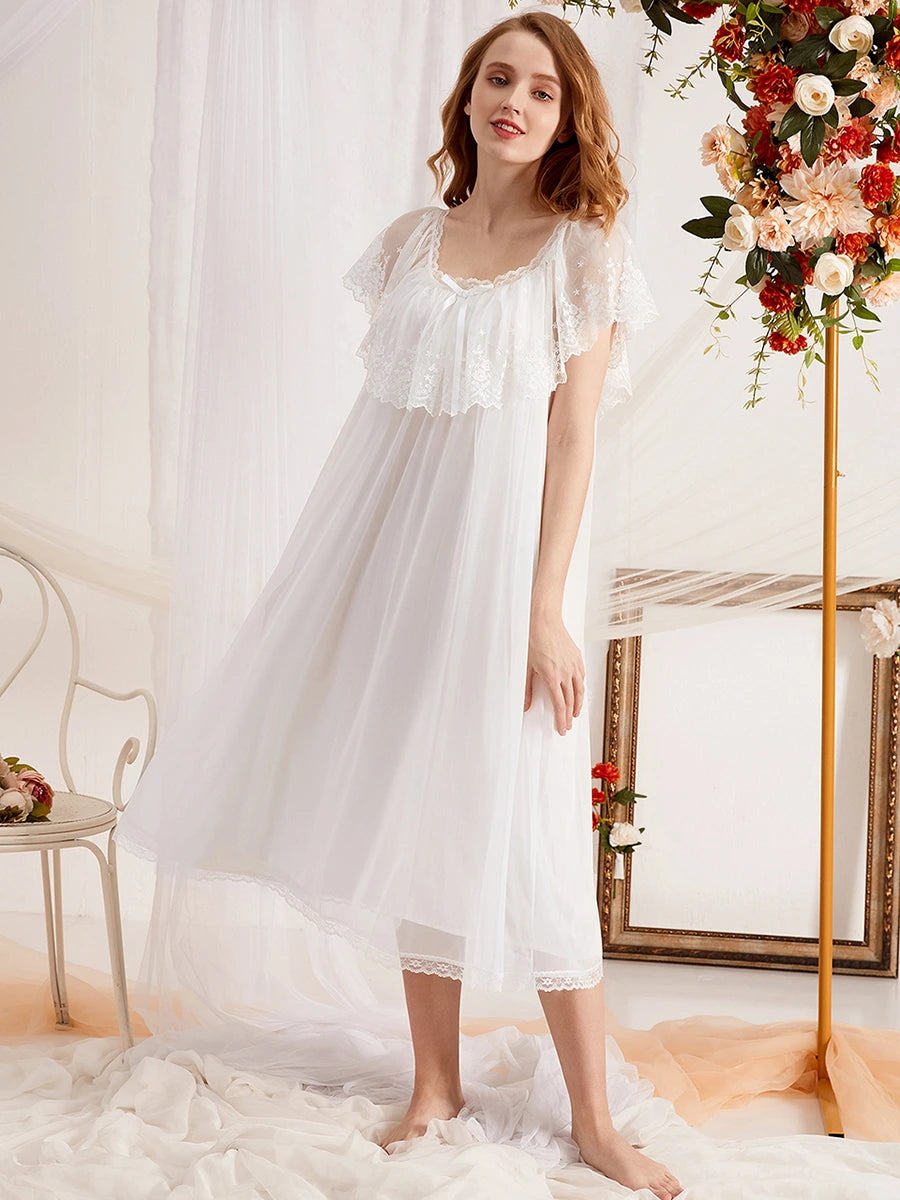 White Vintage Romantic Large See-Through Exquisite Lace Mesh Bow-Knot Two-Layer Nightwear Nightdress