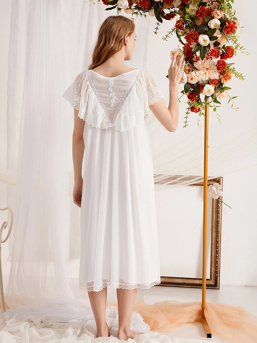 White Vintage Romantic Large See-Through Exquisite Lace Mesh Bow-Knot Two-Layer Nightwear Nightdress