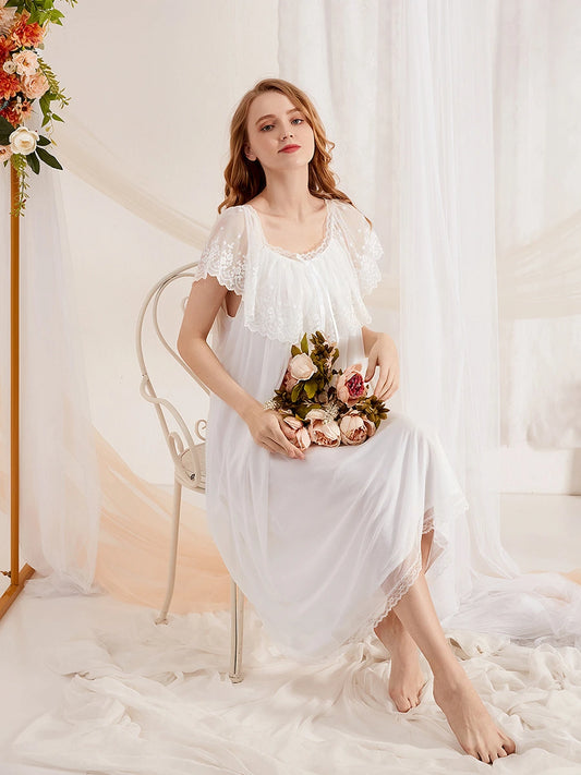 White Vintage Romantic Large See-Through Exquisite Lace Mesh Bow-Knot Two-Layer Nightwear Nightdress