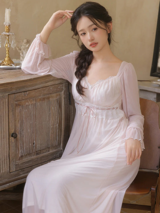Slessic Vintage Romantic Princess Style Low-Cut Sexy See-through Mesh Exquisite Lace Ribbon Bow Long-Sleeved Nightdress Nightwear Sleepwear