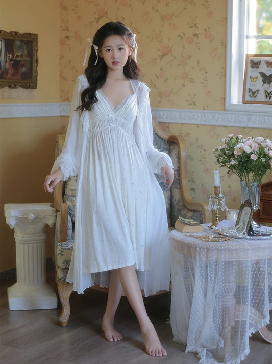 Slessic Vintage French Romantic Palace Style Exquisite Embroidered Slip Long-Sleeved Lace Robe Nightdress Set Sleepwear Nightwear