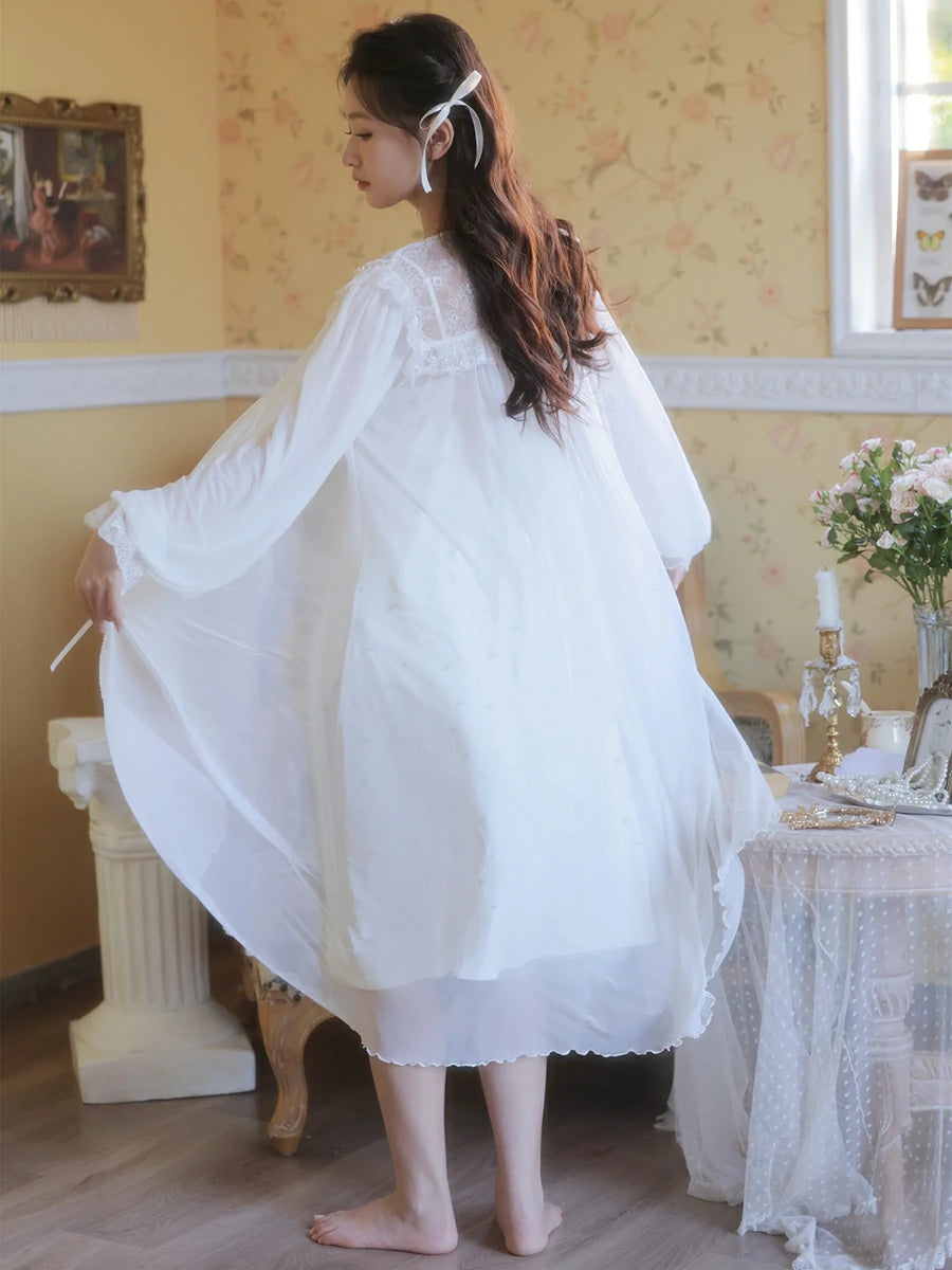 Slessic Vintage French Romantic Palace Style Exquisite Embroidered Slip Long-Sleeved Lace Robe Nightdress Set Sleepwear Nightwear