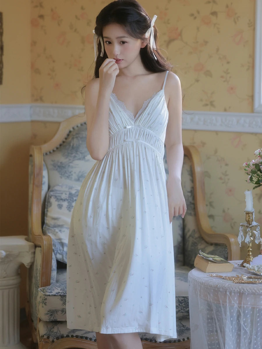 Slessic Vintage French Romantic Palace Style Exquisite Embroidered Slip Long-Sleeved Lace Robe Nightdress Set Sleepwear Nightwear