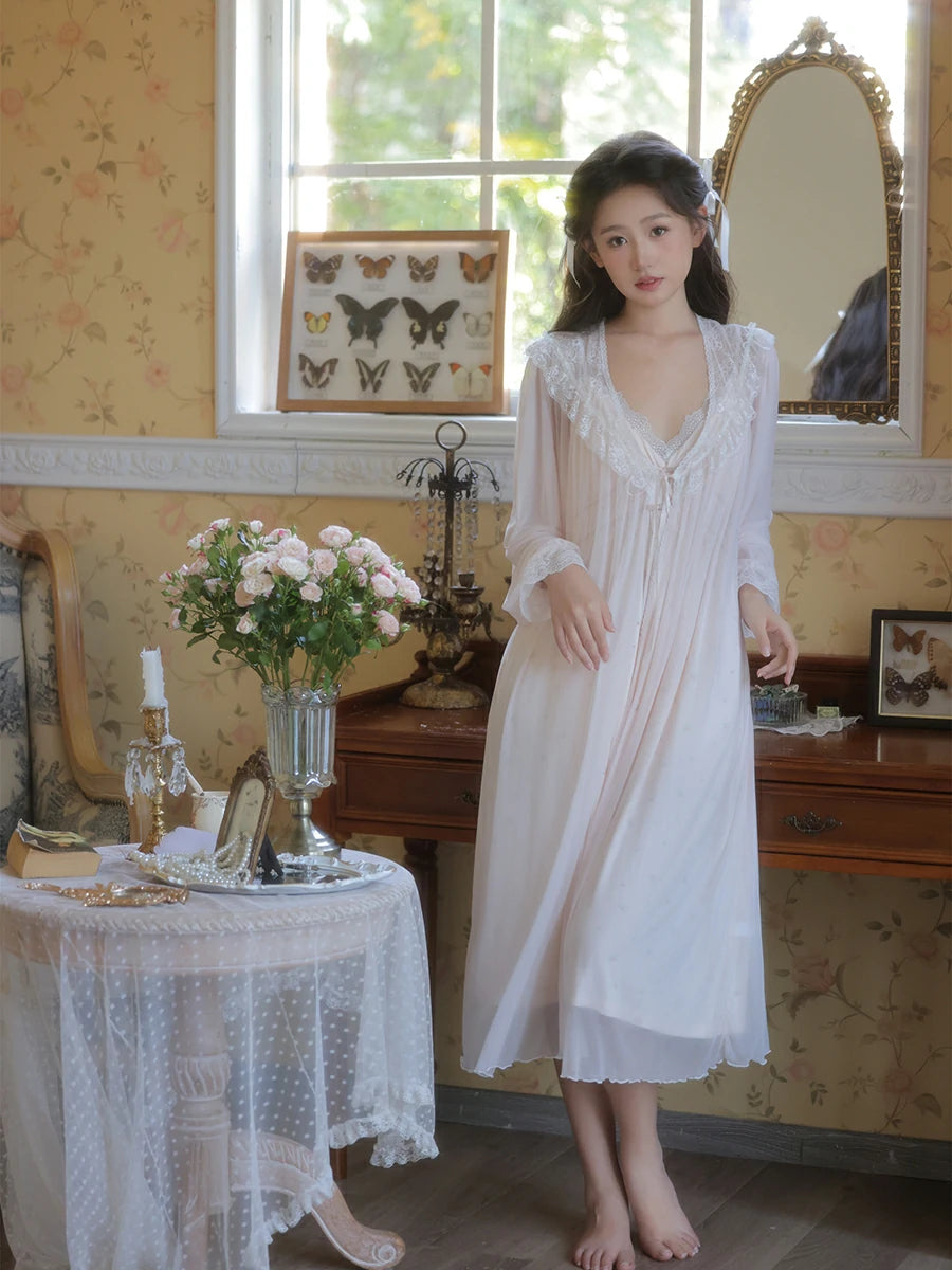 Slessic Vintage French Romantic Palace Style Exquisite Embroidered Slip Long-Sleeved Lace Robe Nightdress Set Sleepwear Nightwear