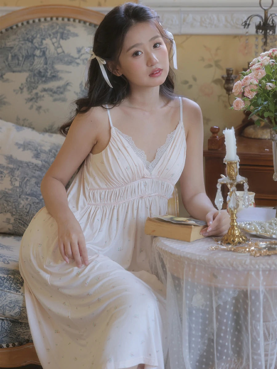 Slessic Vintage French Romantic Palace Style Exquisite Embroidered Slip Long-Sleeved Lace Robe Nightdress Set Sleepwear Nightwear