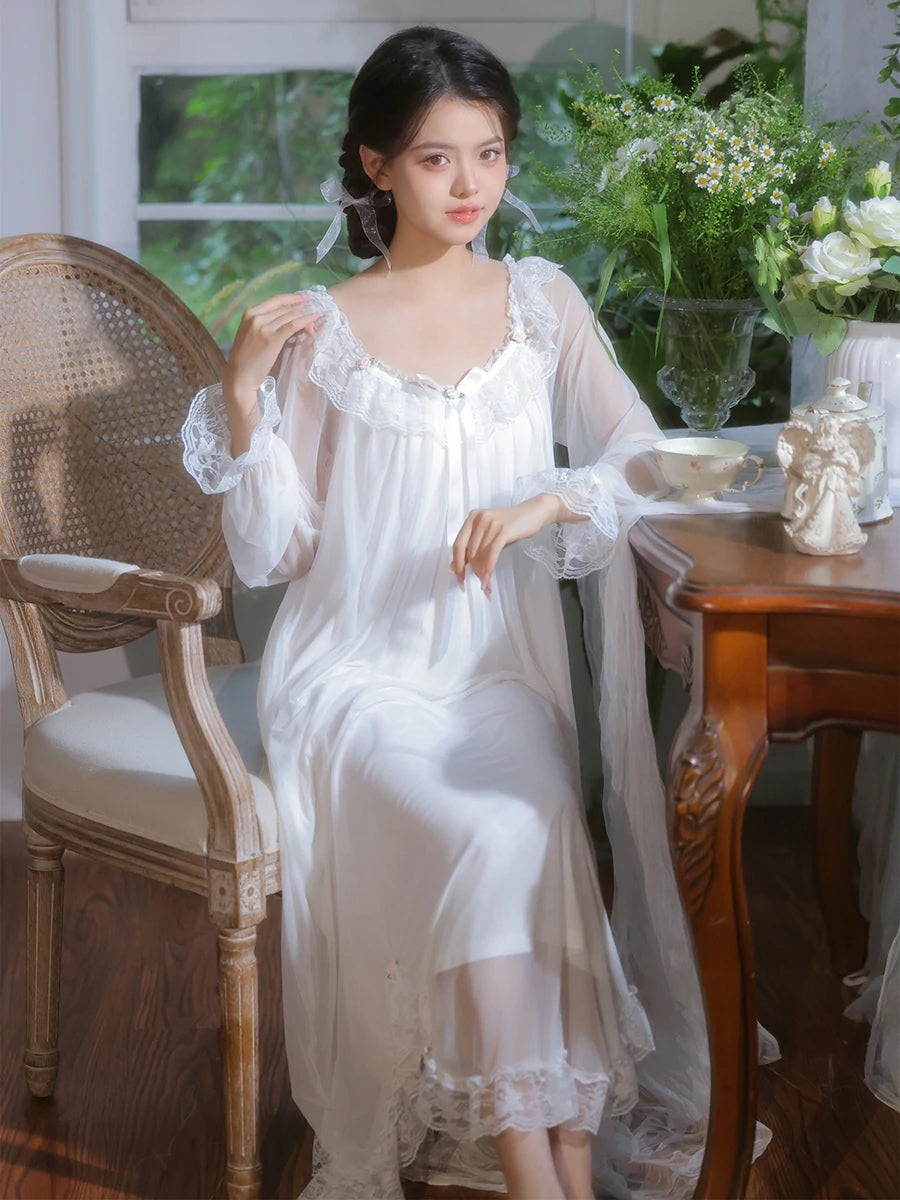 Slessic Women's Vintage White Lace Nightgown Victorian Mesh Long Sleeve Sleepwear Princess Style Sheer Overlay Lounge Dress for Romantic Nights White
