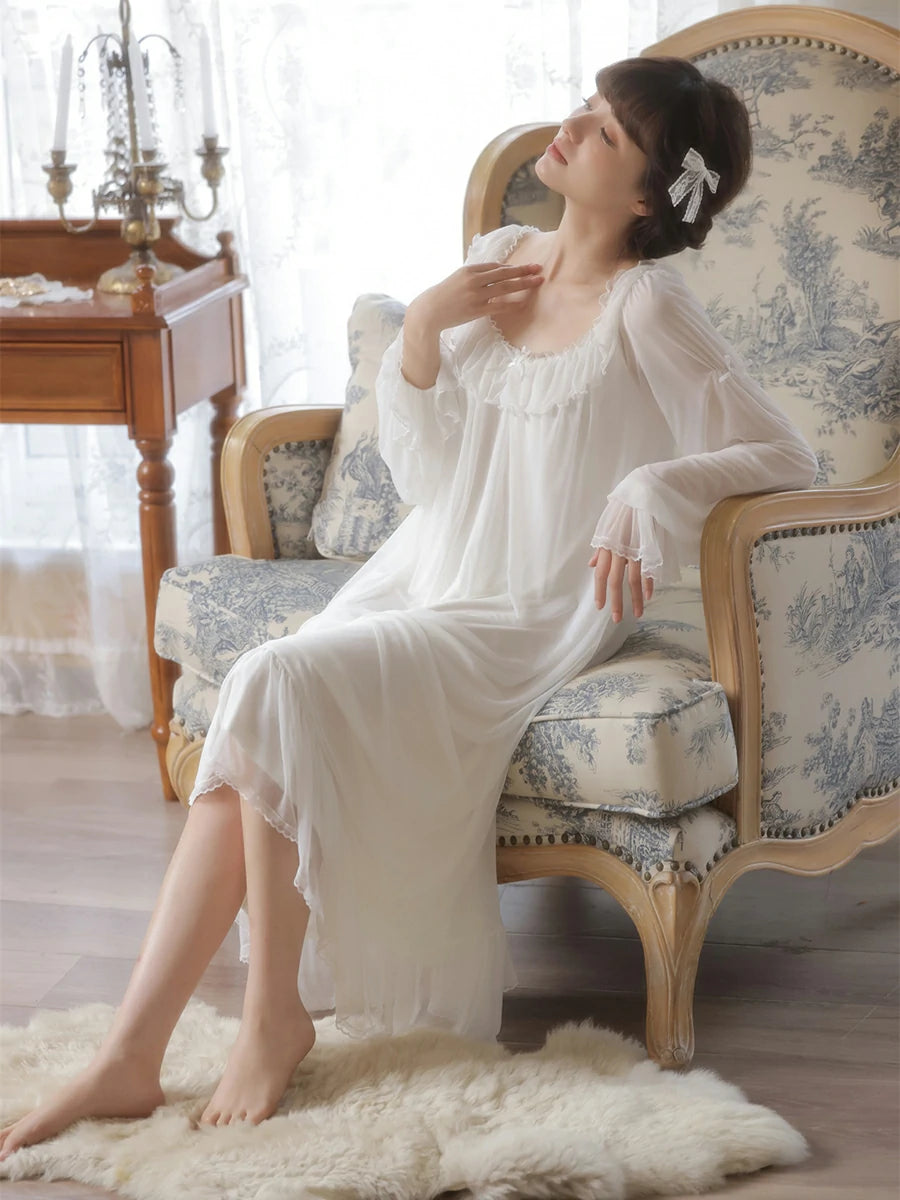 Slessic Vintage Romantic Autumn And Winter Palace Style Modal Mesh Ruffled Edge Bow Embroidered Long-Sleeved Nightwear Sleepwear Nightgown